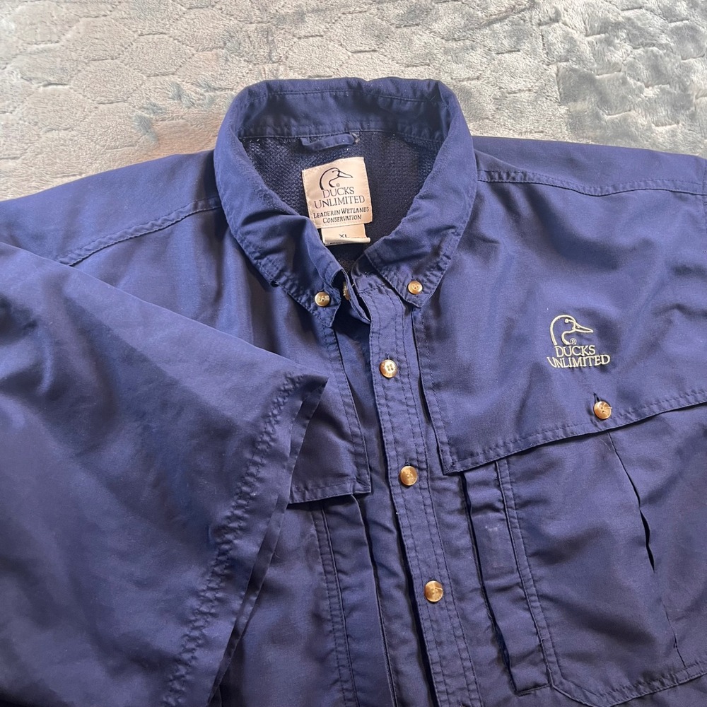 Ducks Unlimited Mens XL Navy Blue Button Down Short Sleeve Fishing Outdoor Shirt